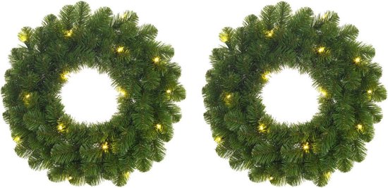 Set de 2x pièces de couronnes de Noël lumineuses vertes / couronnes de porte avec 30 LEDS 60 cm - Couronnes avec éclairage / lumières de Noël