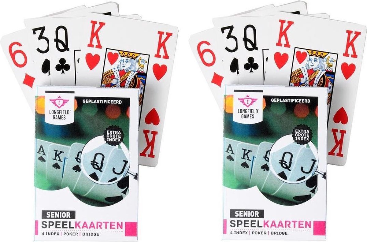 2x Senioren speelkaarten plastic poker/bridge/kaartspel met grote cijfers/letters -... bol.com