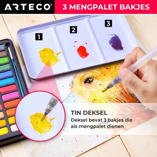 ARTECO® 36 Kleuren Aquarelverf Set – Inclusief 3 Water Brush Pennen en Aquarelpapier - Waterverf - Cadeau