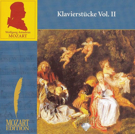 Mozart Edition, Klavierstücke Vol. II, met schilderij van engeltjes en mensen in een tuin.
