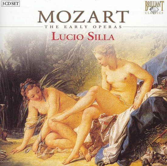 Albumhoes voor Mozart The Early Operas: Lucio Silla, met schilderij van twee naakte vrouwen in een landschap.