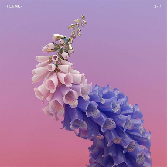 Flume Skin albumhoes met paarse en roze gradiënt en digitale bloem in blauw en roze tinten.