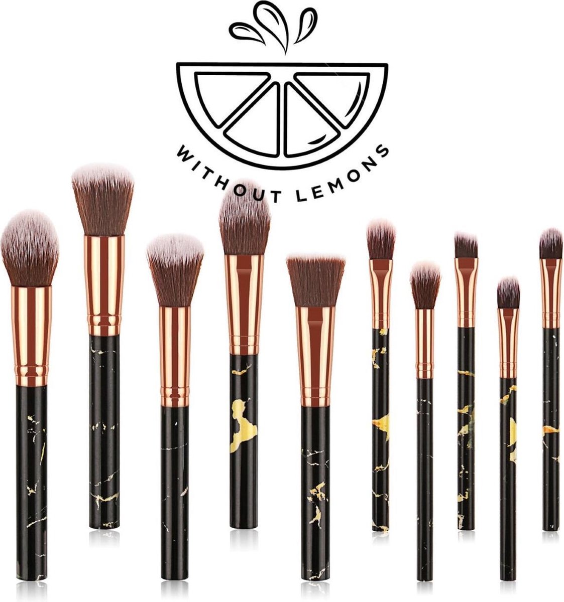 Kabuki Make-up borstels - set van 10 stuks - Kabuki - Kwastenset - Oogschaduw Poeder - Shmink borstels - Zwart/goud - Without Lemons