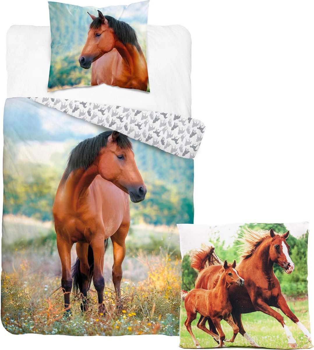Paarden dekbedovertrek set 140 x 200 cm, incl. paarden decoratie kussen 40 cm, kinderen slaapkamer eenpersoons dekbedovertrek