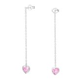 Joy|S - Zilveren roze hartje oorbellen aan kettinkje 4.5 cm zirkonia
