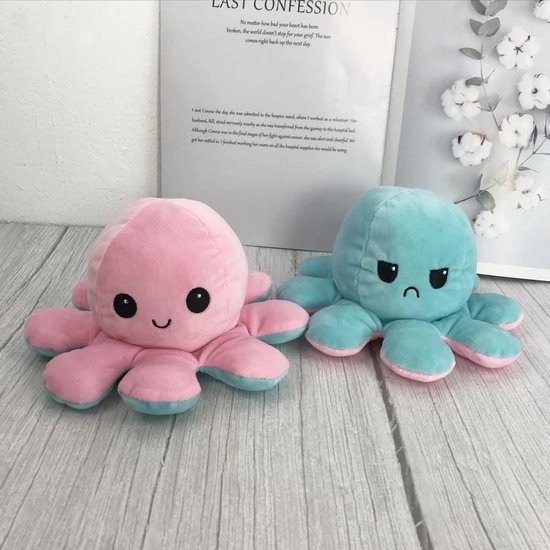 Knuffel Octopus Roze/Blauw - Mood Knuffel Omkeerbaar - Reversible Octopus - Octopus Knuffel - Emotie Knuffel - Verwisselbaar - Blij en Boos knuffel