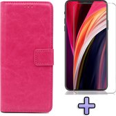 iPhone 12 Mini Hoesje Roze - Portemonnee Book Case - Kaarthouder & Magneetlipje & Glazen Screenprotector