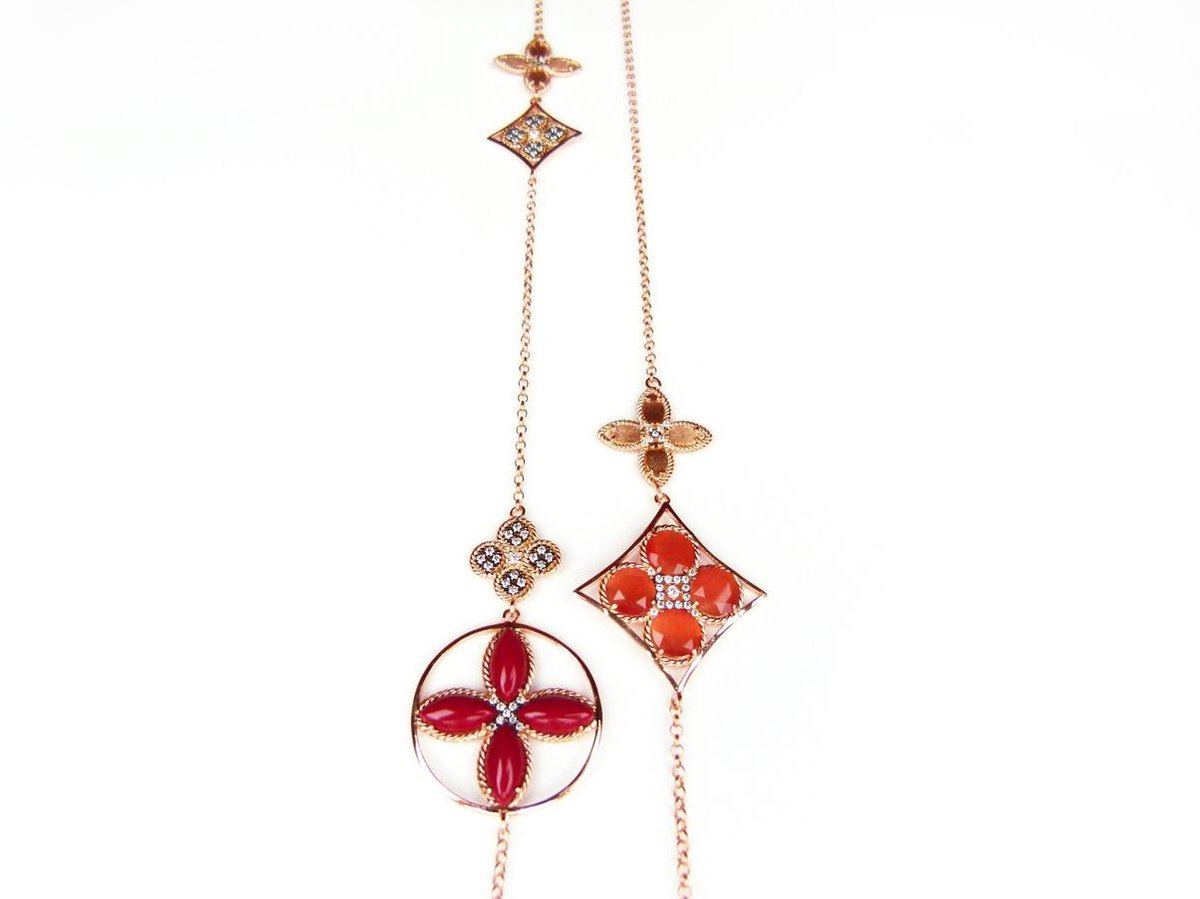 Lange zilveren collier halsketting roos goud verguld Model Inspired Beauty gezet met rode en oranje stenen