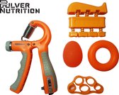 Kracht & herstel 5 delige set Oranje – Vingertrainer – Polstrainer – Handknijper – handtrainer- Grip Ring - Grip Bal - Vingerweerstandsband - Tenniselleboog - RSI – Pulvernutrition