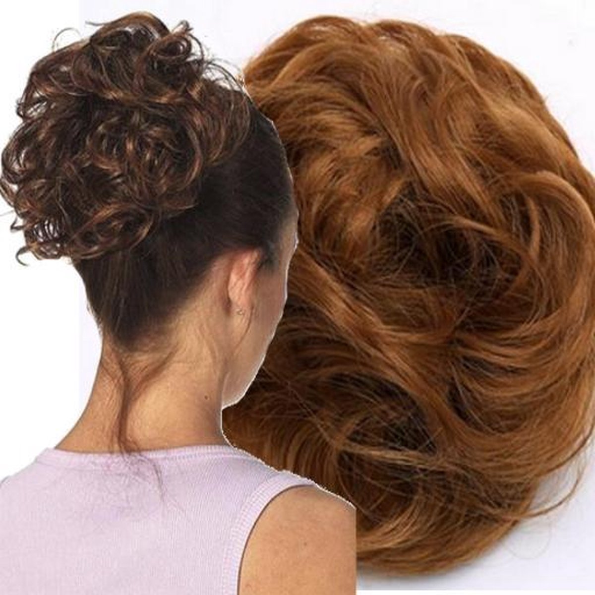 Messy Hair Bun | Curly Haar Wrap Extension Bruin Warm Koper |Inclusief Luxe Bewaarzakje.*