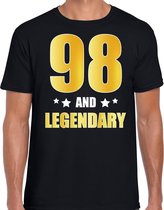 98 and legendary verjaardag cadeau t-shirt / shirt - zwart - gouden en witte letters - voor heren - 98 jaar verjaardag kado shirt / outfit L