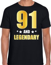 91 and legendary verjaardag cadeau t-shirt / shirt - zwart - gouden en witte letters - voor heren - 91 jaar verjaardag kado shirt / outfit L