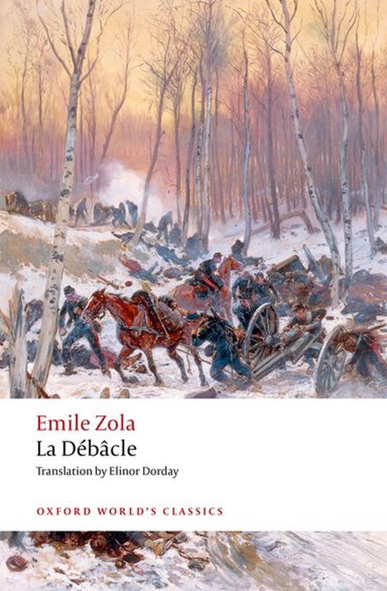 Couverture du livre La Débâcle d'Émile Zola, montrant une peinture d'une bataille dans la neige avec des soldats et des chevaux.