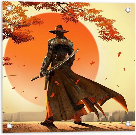 Tuinposter – Getekende Samurai bij Zonsondergang - 50x50cm Foto op Tuinposter  (wanddecoratie voor buiten en binnen)