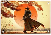 Tuinposter – Getekende Samurai bij Zonsondergang - 60x40cm Foto op Tuinposter  (wanddecoratie voor buiten en binnen)