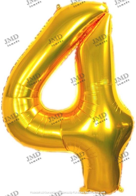 Folie ballon XL 100cm met opblaasrietje - cijfer 4  goud - 4 jaar folieballon - 1 meter groot met rietje - Mixen met andere cijfers en/of kleuren binnen het Jumada merk mogelijk