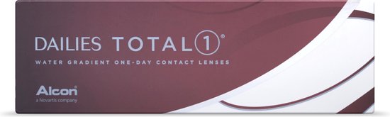 Lentilles journalières Dailies Total 1 à gradient d'eau, boîte avec des lignes bordeaux et argentées.