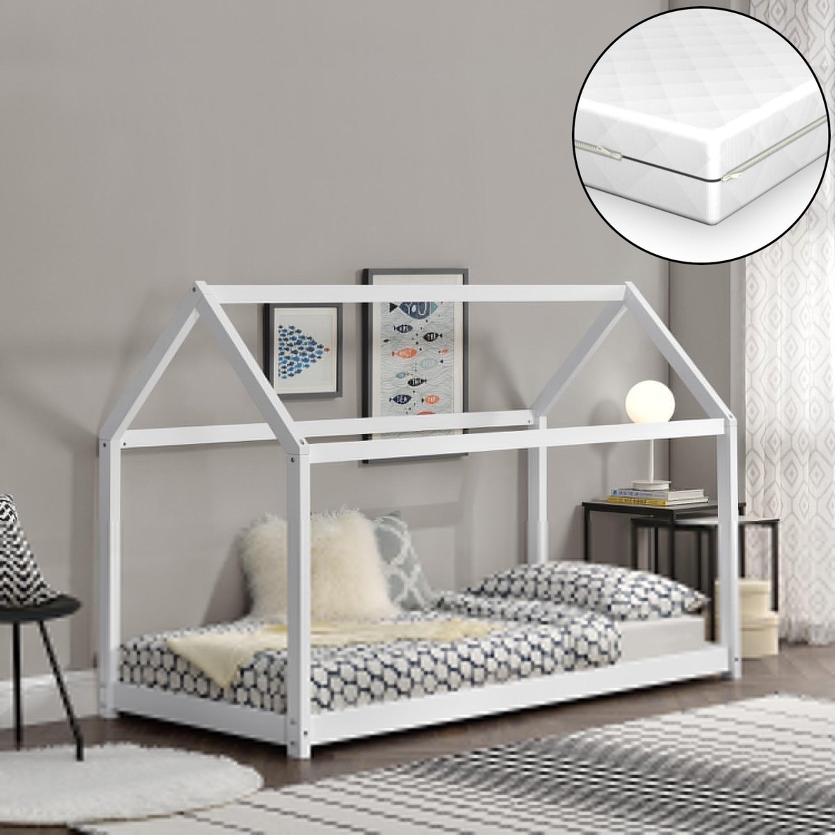 Kinderbed huisbed met matras en bedbodem 80x160 cm wit