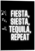 Dibond - Tekst: ''Fiesta, Siesta, Tequila, repeat'' zwart/wit met figuren - 40x60cm Foto op Aluminium (Wanddecoratie van metaal)