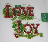 Vintage Kersthanger, Kurt Adler, 2 stuks, Love & Joy, 12,5 x 6 cm & 11,5 x 7 cm Glitter