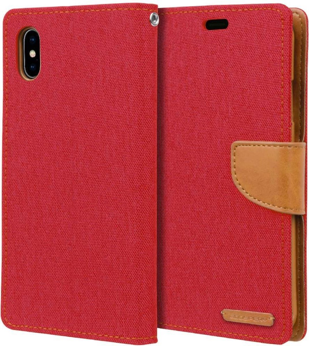 Geschikt voor Apple iPhone XR Denim Bookcase - Rood - Spijkerstof - Portemonnee hoesje