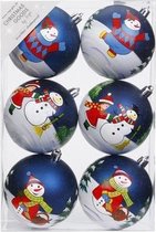 12x Blauwe kerstballen 8 cm kunststof met print - Onbreekbare plastic kerstballen - Kerstboomversiering blauw
