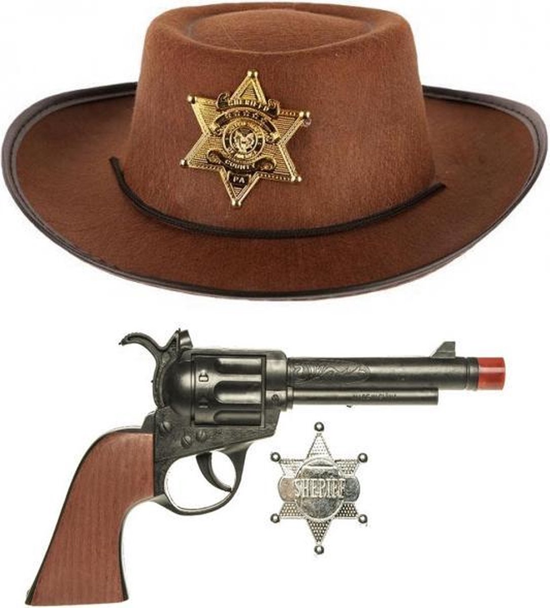 Kinder cowboy verkleed set - bruine cowboy hoed met 2x pistolen en sheriff  badge | bol.com
