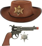 Kinder cowboy verkleed set - bruine cowboy hoed met 2x pistolen en sheriff badge