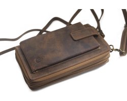 Oi Hunter bruine leren reistasje afsluitbaar met 2 ritsen voor heel veel pasjes / complete portemonnee te dragen als schoudertasje met ruimte voor uw mobiele telefoon / portefeuille achtige beurs voor 31 pasjes / RFID SAFE / bruin leer / 291H