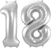 Ballon Cijfer 18 Jaar Zilver Verjaardag Versiering Zilveren Helium Ballonnen Feest Versiering 86 Cm XL Formaat Met Rietje