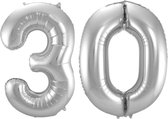 Ballon Cijfer 30 Jaar Zilver Verjaardag Versiering Zilveren Helium Ballonnen Feest Versiering 86 Cm XL Formaat Met Rietje