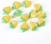 knopen voor kinderkleding, aardbei, groen - oranje, 21 x 15 x 5mm, gat: 4 x 2mm, 95 stuks