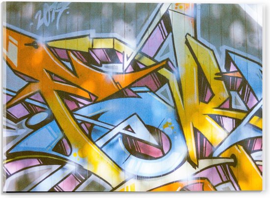Acrylglas - Geel en Blauwe Graffiti op de Muur - 40x30cm Foto op Acrylglas (Met Ophangsysteem)