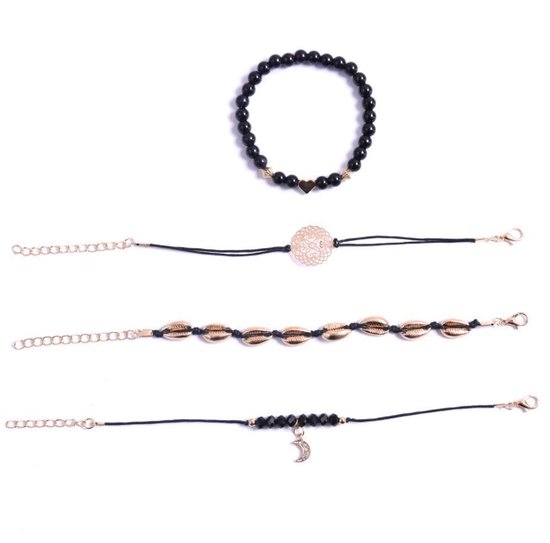 CHARO Set Bracelets Coquilles Mandala - 5 pièces - Or - Zwart