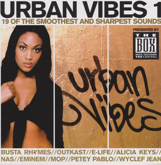 Albumcover 'Urban Vibes 1' met een vrouw en graffiti. Met artiesten als Busta Rhymes en Outkast.