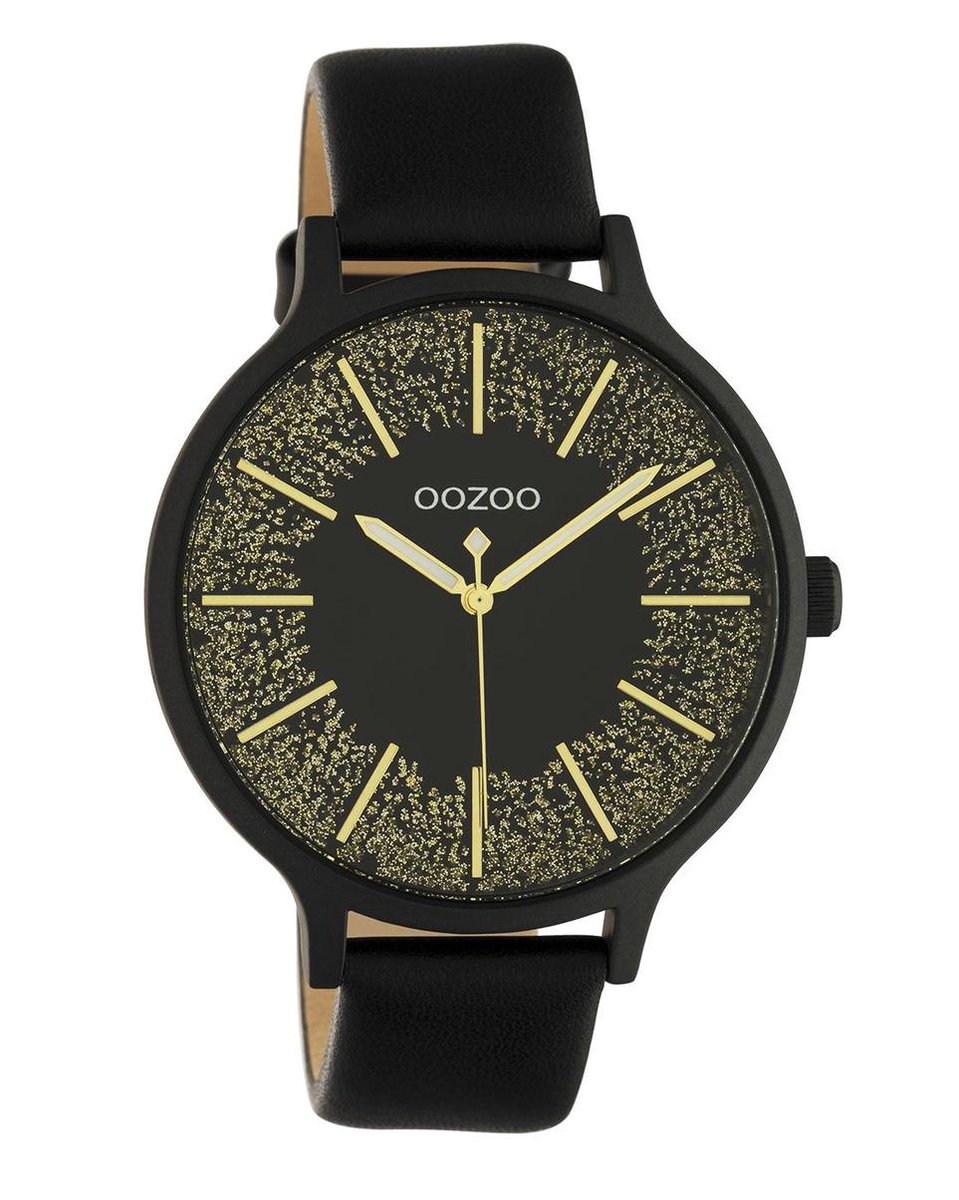OOZOO Timepieces - Zwarte horloge met zwarte leren band - C10679 - Ø44
