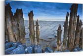 Schilderij - Houten dijk , Noordzee — 90x60 cm