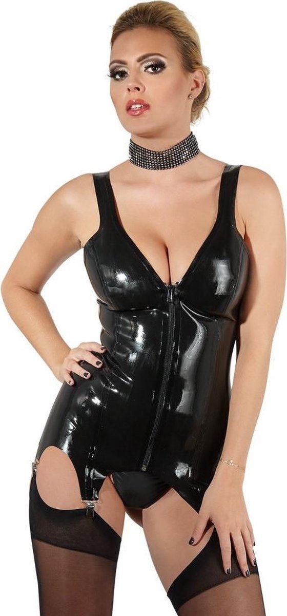 LateX – Latex Strap Shirt met Doorlopende Ritssluiting en 4 Bretels voor een Scherpe Uitstraling Maat M - Zwart