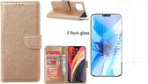 iPhone 12 / 12 Pro hoesje - bookcase / wallet cover portemonnee Bookcase hoes Goud + 2x tempered glass / Screenprotector