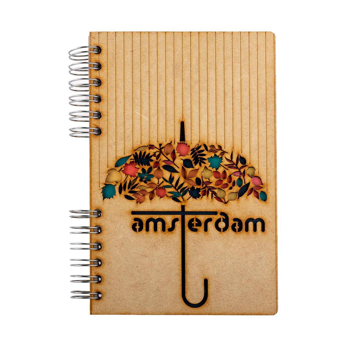 KOMONI - Duurzaam houten Notitieboek - Dagboek - Gerecycled papier - Navulbaar - A5 - Gelinieerd - Amsterdam Paraplu