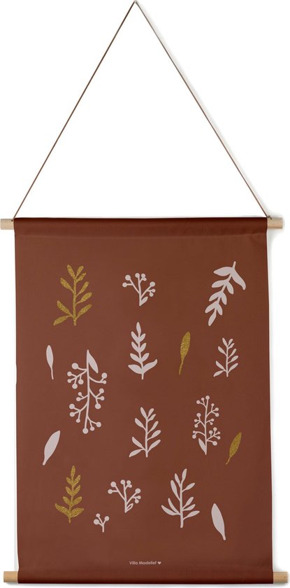 Villa Madelief Interieurbanner Leaves bruin - Textielposter - 45x60cm - Wandkleed - Wandtapijt - Wanddecoratie voor thuis - Makkelijk op te hangen - Poster met houten hangers