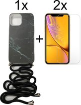 iPhone 12 mini hoesje met koord case marmer zwart blauw - 2x iPhone 12 mini Screen Protector