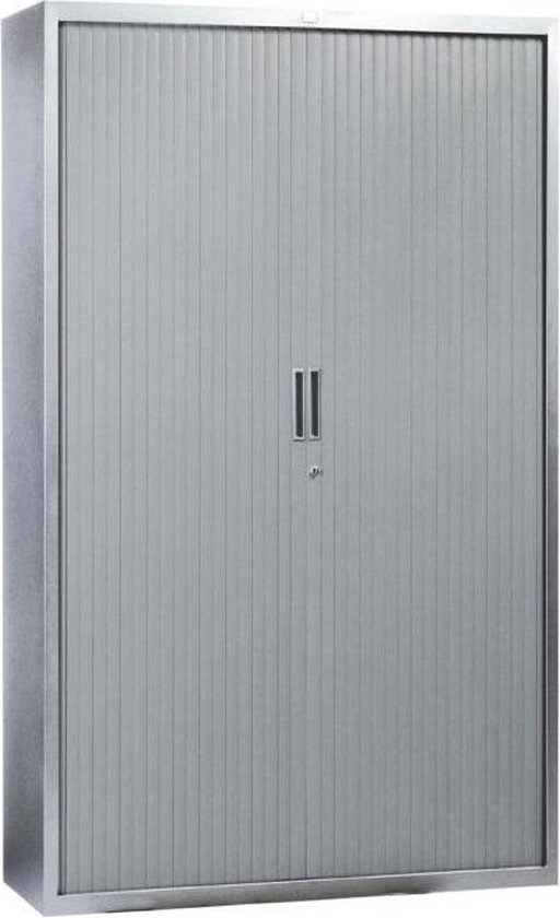 Aluminium roldeurkast met verticale groeven en twee handgrepen.