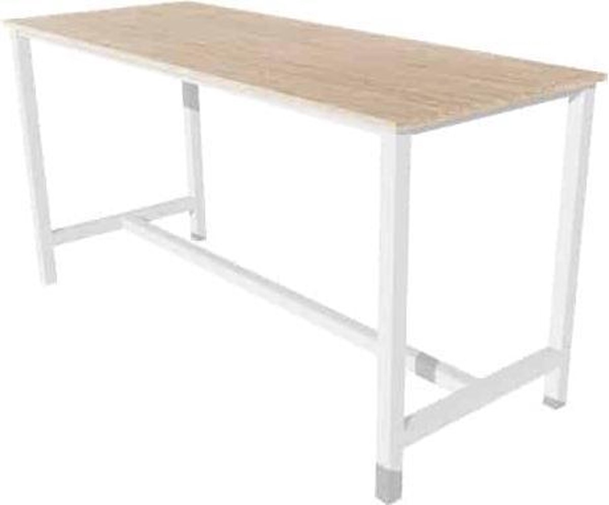 Domino Basic statafel, 160 x 80 cm., vaste hoogte 110 cm., uitgevoerd met versterkt H-onderstel met 50/50 mm. vierkante buispoten met steldoppen, onderstel staal aluminium RAL 9006, blad 25 mm. melamine logan eiken