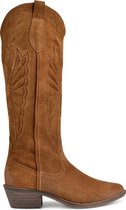 PS Poelman Tofu Dames Western Cowboy Hoge Leren Laarzen met Crème Stiksel Details - Cognac Bruin - Maat 40