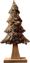 Houten kerstboompje met vacht - Bruin - h 26 cm