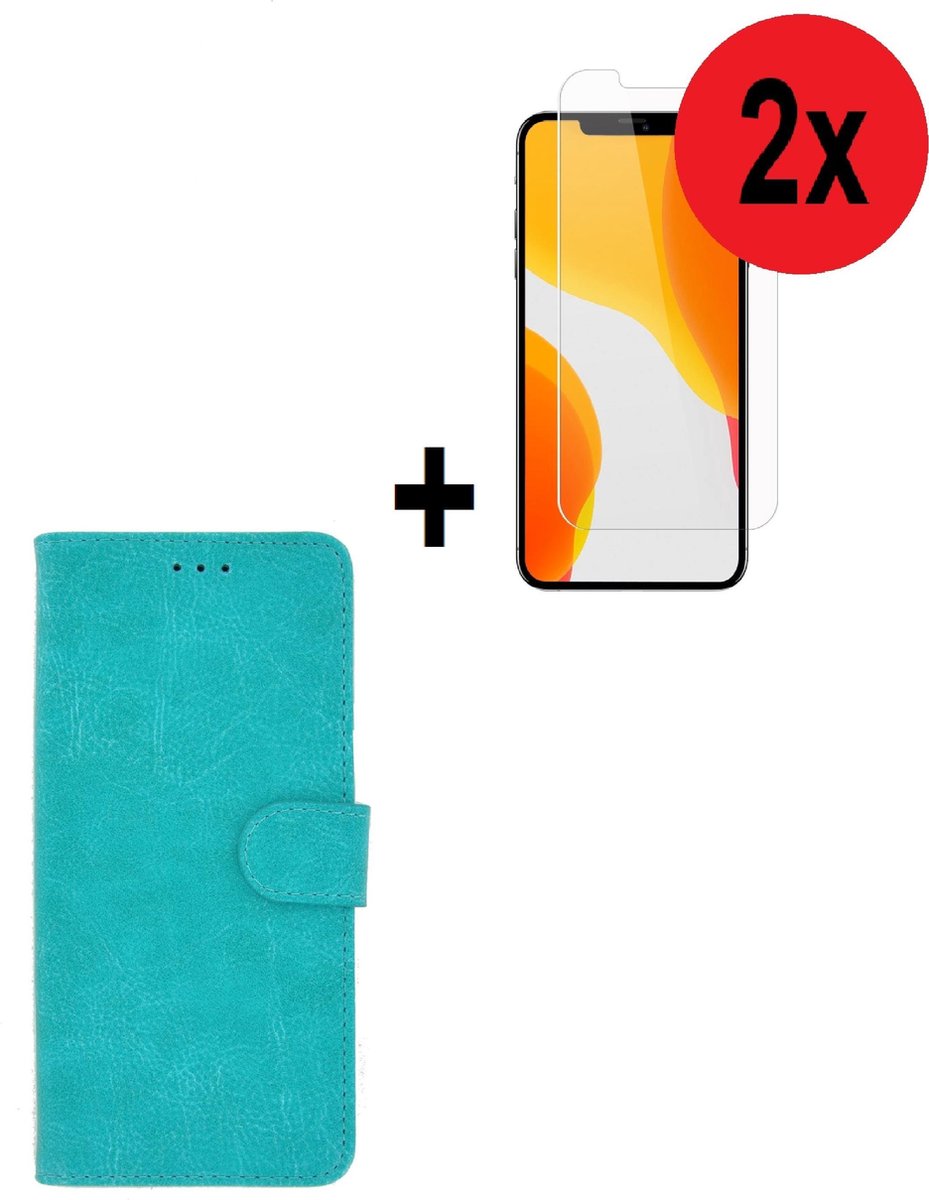 Geschikt voor iPhone 12 Pro Hoesje - 12 Pro Screenprotector - 12 Pro hoes Wallet Bookcase Turquoise + 2x Screenprotector