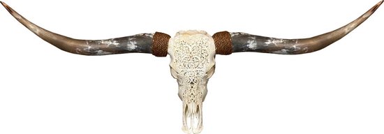 Longhoorn Skull Gegraveerd uit Bali - Skull - Longhorn - Buffelschedel - Schedel - Lonhoorn - Dierenschedel - Tuindecoratie - Mancave - Ibiza skull - Buffalo - 150 cm breed