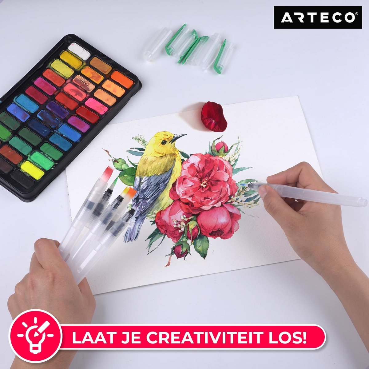 ARTECO® Set 3 Stuks Waterbrush Pennen (2 Punt + 1 Plat) - Navulbaar Penseel – Brushlettering & Kalligrafie — afbeelding 7