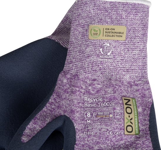 Detailopname van de OX-ON Recycle Basic 16002 werkhandschoen, maat M/8. Met keurmerken en recycling logo.